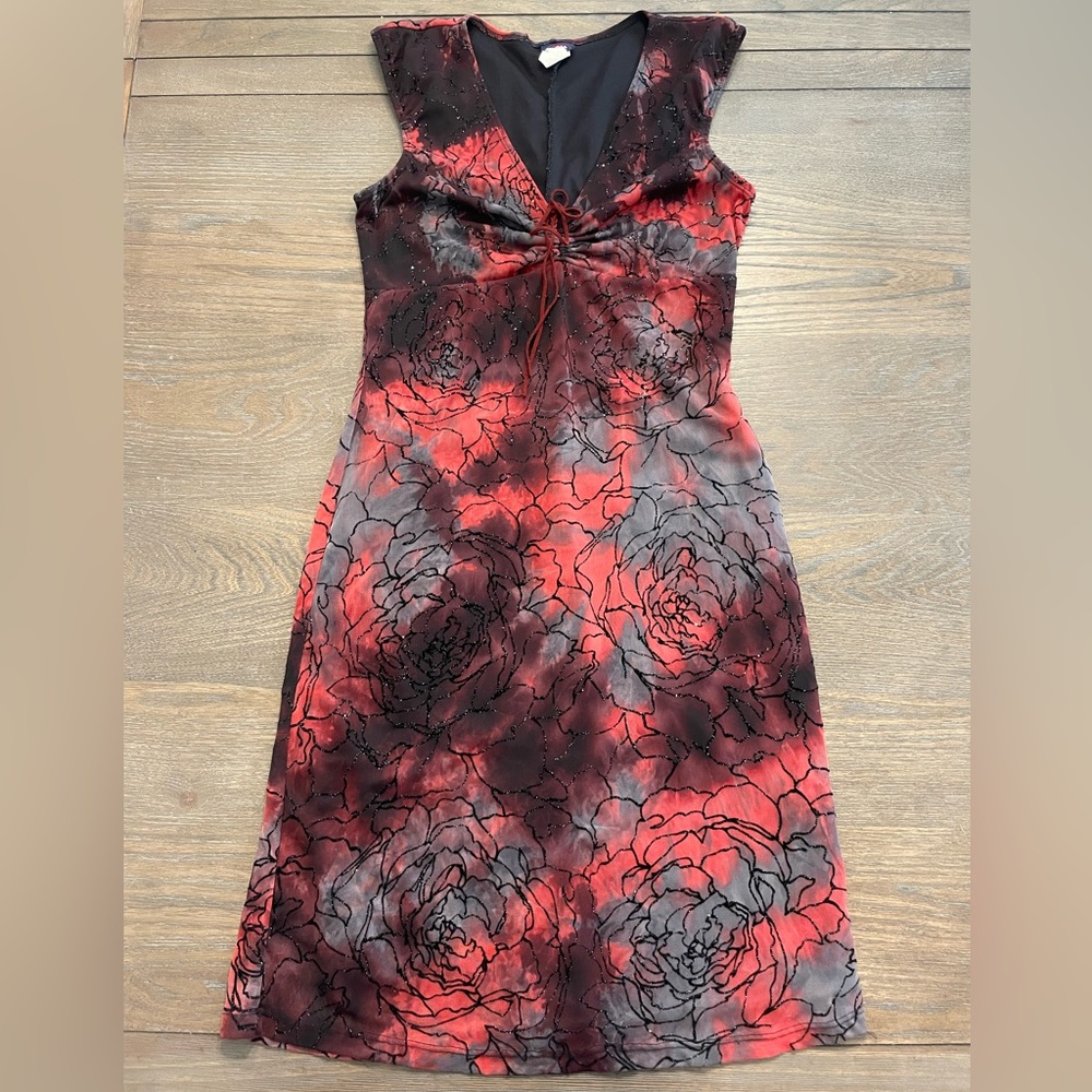 Gothic Floral Red & Black Tie Dye Mini Dress